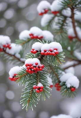 Red berries on a snow-covered pine branch