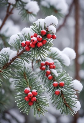 Red berries on a snowy pine branch