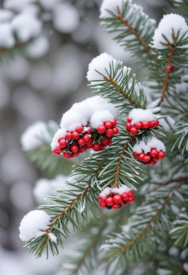 Red berries on a snowy evergreen branch