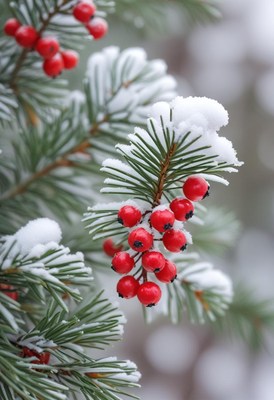 Red berries on a snowy pine branch