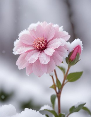 A pink flower blooms in the snow