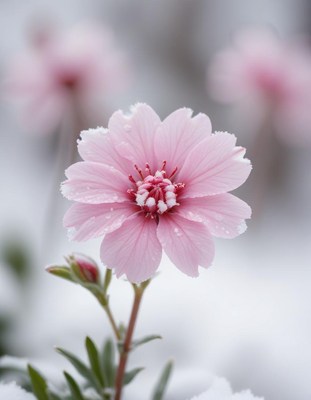 A pink flower blooms in the snow