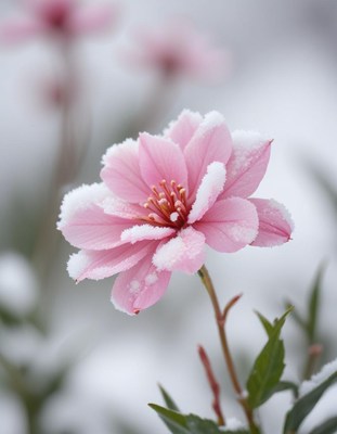 A pink flower covered in snow