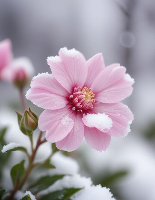 A pink flower blooms in the snow