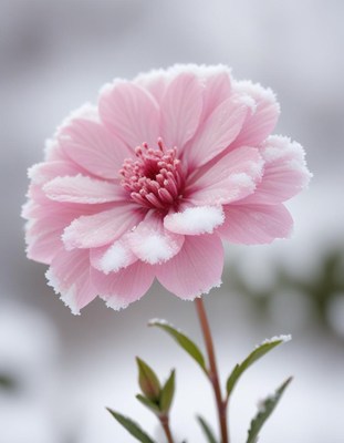 A pink flower blooms in the snow