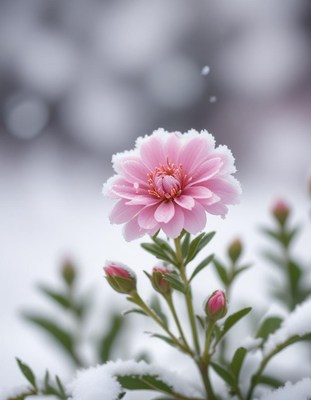 A pink flower blooms in the snow