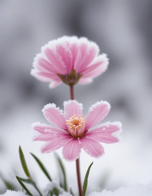 Pink flowers covered in frost bloom in the snow