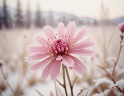A pink flower blooms in the snow