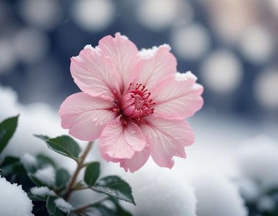 A pink flower blooms in the snow