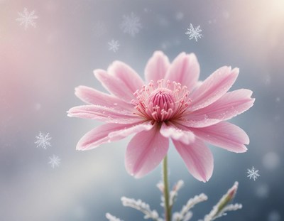 A pink flower blooms in the snow