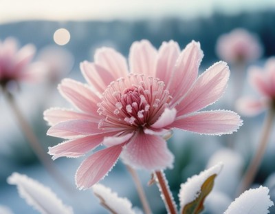A pink flower with frost on its petals in the early morning