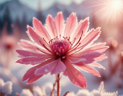A pink flower blooms in the snow