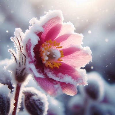 A pink flower blooms under a light snowfall