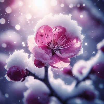 A delicate pink flower blooms under a dusting of snow