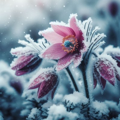 Pink flowers covered in frost on a snowy day