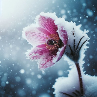 A pink flower covered in snow during a winter snowfall