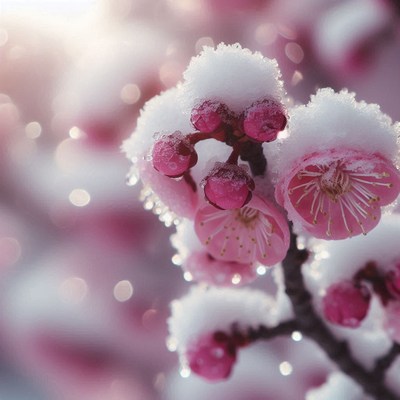 Pink blossoms covered in snow on a cold winter day