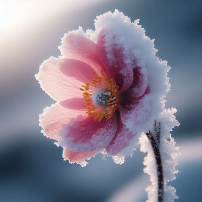 A pink flower covered in frost blooms in the winter