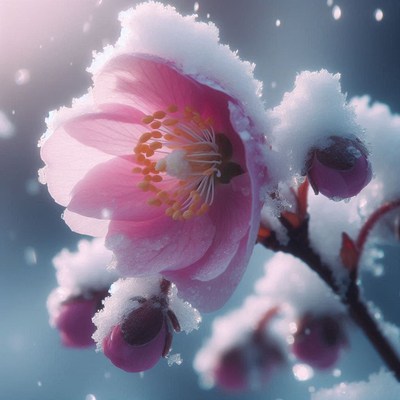 A pink flower blooms under the snow