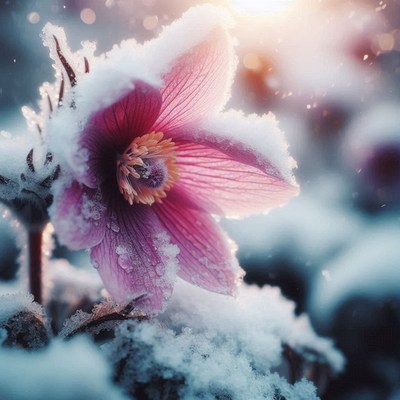 A pink flower blooms in the snow