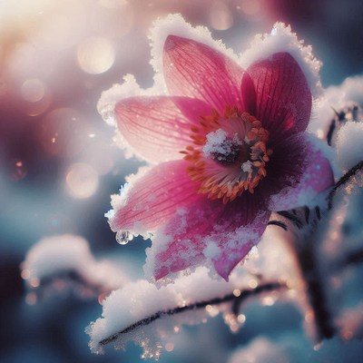 A pink flower blooms in the snow on a cold winter day