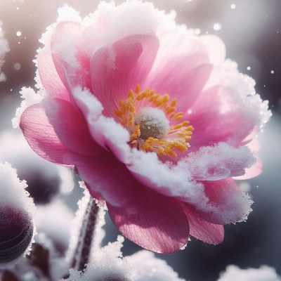 A pink flower covered in snow during a winter day
