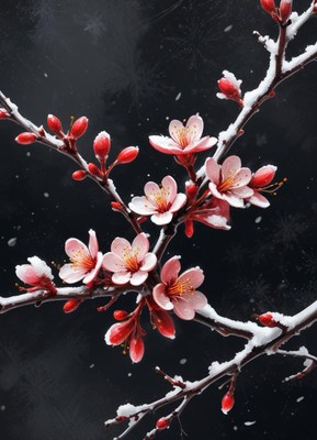 Pink cherry blossoms bloom amidst a snowy winter scene