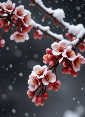 Pink blossoms covered in snow on a winter day