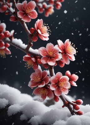 Pink flowers bloom in the snow