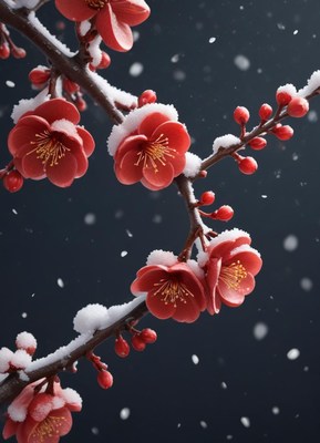 Red blossoms bloom under a snowy sky