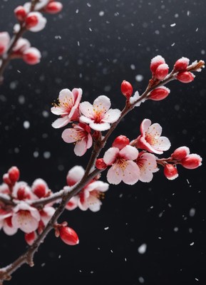Pink blossoms covered in snow on a dark background