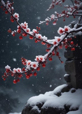 A delicate branch of cherry blossoms covered in snow