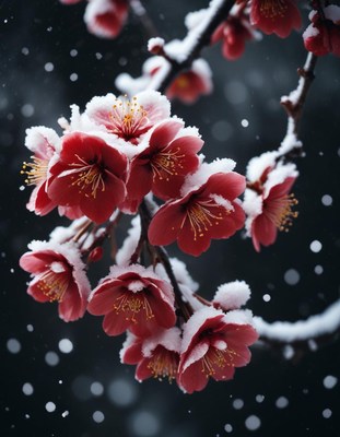 Red flowers bloom in the snow