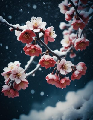 Pink and white blossoms in the snow