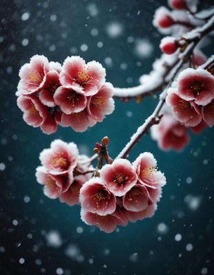 Pink blossoms covered in snow