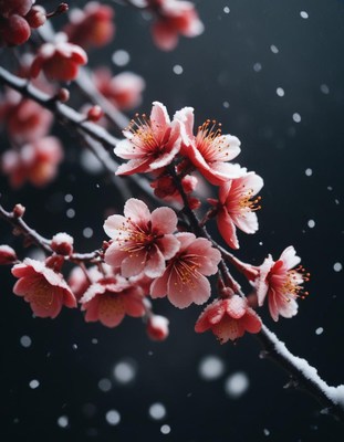 Pink blossoms are covered in snow