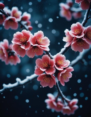 Pink blossoms bloom in the snow