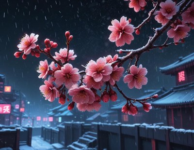 Pink cherry blossoms bloom in the snow