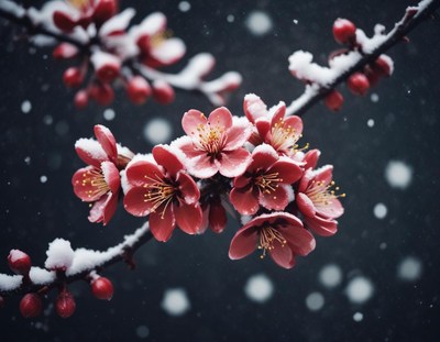 Pink blossoms are covered in snow