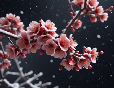 Pink cherry blossoms bloom in the snow