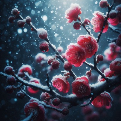 Red blossoms bloom in the snow