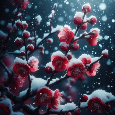 Red blossoms bloom in the snow