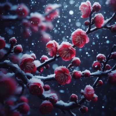 Red blossoms bloom in the snow