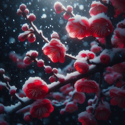 Red flowers bloom under a light snowfall