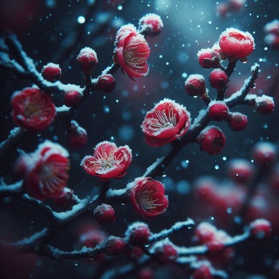 Pink blossoms are dusted with snow