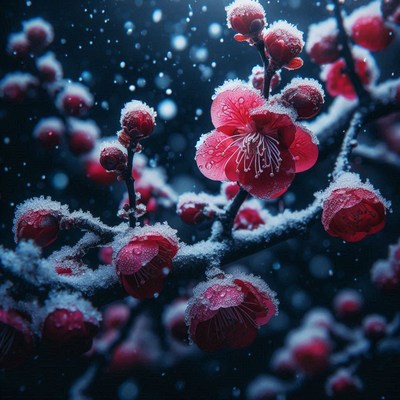 Pink flowers bloom in the snow