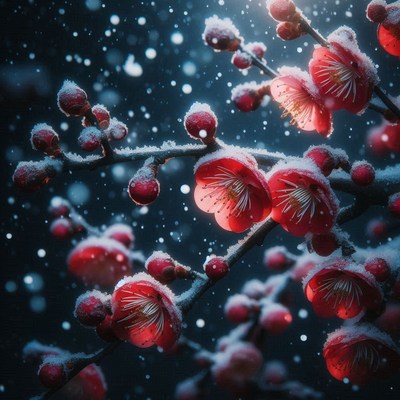 Red blossoms bloom in the snow