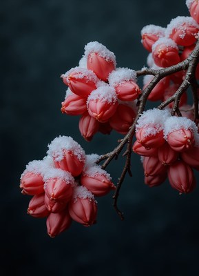 Pink blossoms dusted with snow on a branch