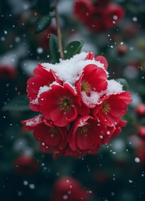 Red flowers bloom in the snow