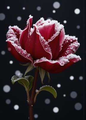 Red rose in snow contrasts with dark backdrop